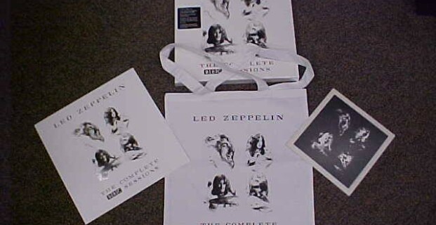 Purchase the incredible, brand new LED ZEPPELIN “Complete BBC Sessions” 5-LP BOX SET, and receive FREE, a Led Zeppelin canvas tote bag 4 different pins, and TWO different Zeppelin lithographs (one is a beautiful raised / embossed litho). While supplies last!